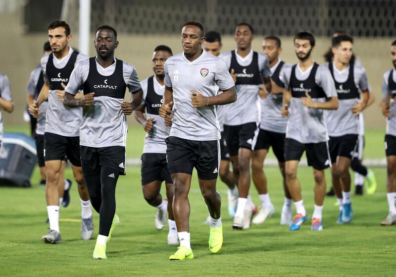 Dubai, United Arab Emirates - October 07, 2019: The UAE football team train. The UAE football team trains before their upcoming fixture Indonesia. Monday the 7th of October 2019. Al Wasl Sports Club, Dubai. Chris Whiteoak / The National