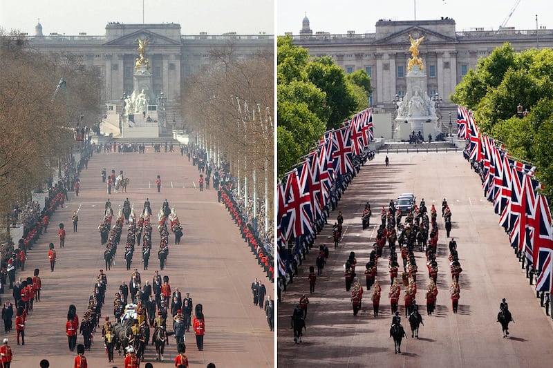 Left, the procession of the Queen Mother's coffin in 2002; right, Queen Elizabeth II's coffin is taken along the same route in 2022. Getty