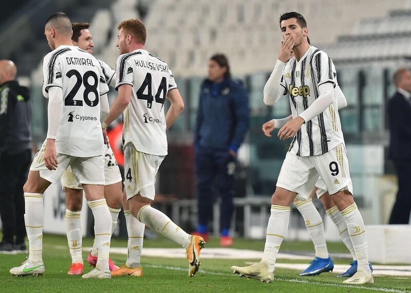 Juventus' Alvaro Morata celebrates after scoring the opening goal at the Allianz Stadium in Turin. EPA