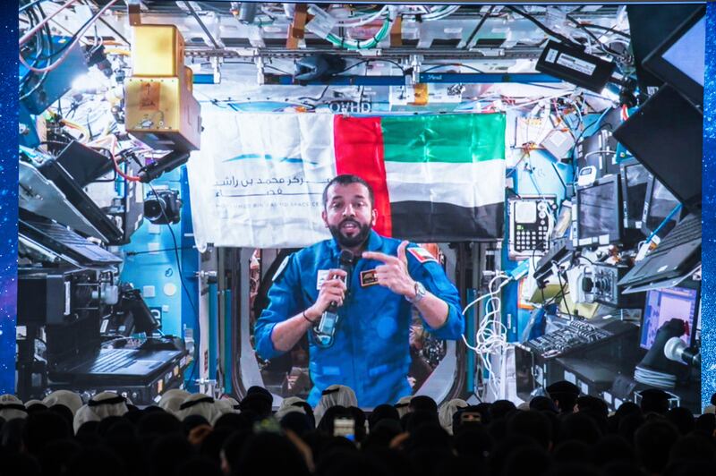 Emirati astronaut Sultan Al Neyadi does a live call with his hometown Al Ain from the International Space Station on his birthday on May 23. All photos: Ryan Lim / The National 