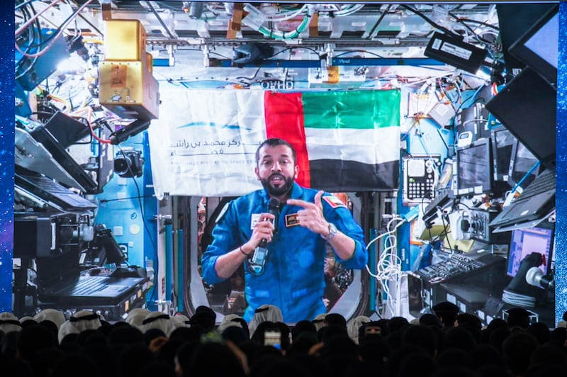 Emirati astronaut Sultan Al Neyadi does a live call with his hometown Al Ain from the International Space Station on his birthday on May 23. All photos: Ryan Lim / The National 