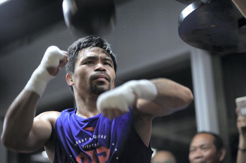 Eight-division boxing champion and Philippine Senator Manny Pacquiao trains for his upcoming fight against Adrien Broner at the Elorde Boxing Gym in Pasay City, Metro Manila.