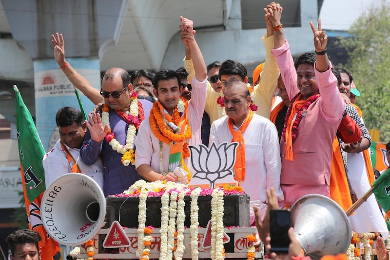epaselect epa07522626 Indian Bhartiya Janata Party(BJP) candidate and Former star Indian Cricketer Gautam Gambhir(2-L) along with other BJP senior leaders take part in a road show on his way to file his election nominations in New Delhi, India, 23 April 2019. Gautam Gambhir is a BJP candidate for East Delhi constituency for parliamentary elections in India that will be held in seven phases between 11 April and 19 May 2019. Elections for India's 545-member lower house of parliament, or Lok Sabha, are held every five years.  EPA/RAJAT GUPTA