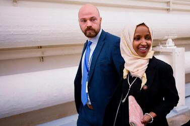 Representative Ilhan Omar (D-MN) (C) walks from the House Chamber after a House vote on a resolution to condemn anti-Semitism and other forms of hatred and bigotry, at the US Capitol in Washington, DC on March 7, 2019. AFP