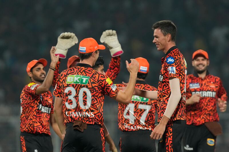 Sunrisers Hyderabad players celebrate the run out of Kolkata Knight Riders' Sunil Narine by Shahbaz Ahmed. AP 