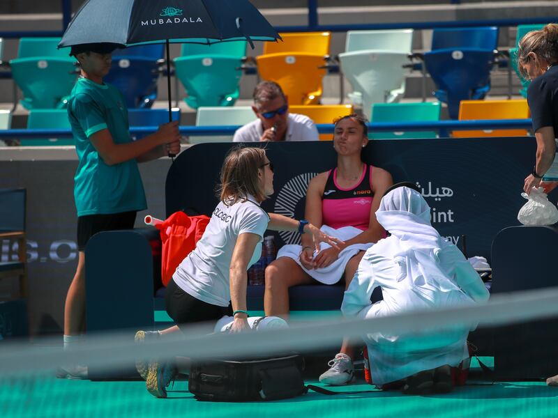 Sara Sorribes Tormo receives treatment during the match against Barbora Krejcikova of the Czech Republic.