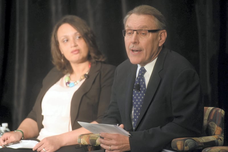 Tonya Allen, left, president and CEO of The Skillman Foundation, and John Rakolta Jr., CEO of Walbridge speak on Detroit's education struggles at the Mackinac Policy Conference, Wednesday, May 27, 2015 on Mackinac Island, Mich. Prominent Detroit-area business and community leaders say the Republican-led Legislature has no excuse to ignore Detroit Public School's debt because the state ultimately is constitutionally responsible for it.  (Tanya Moutzalias/The Ann Arbor News via AP) LOCAL TELEVISION OUT; LOCAL INTERNET OUT  