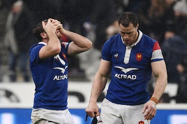 France's Camille Lopez, left, Wenceslas Lauret show their dejection at the end of their loss to Wales in the opening round of the Six Nations. AFP