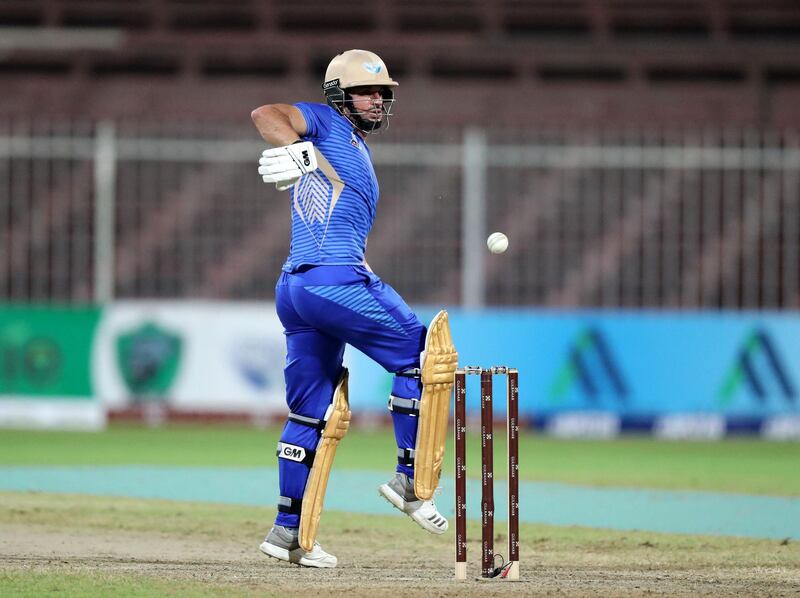Sharjah, United Arab Emirates - October 18, 2018: Ryan ten Doeschate of the Balkh Legends gets his hand hit during the game between Kandahar Knights and Balkh Legends in the Afghanistan Premier League. Thursday, October 18th, 2018 at Sharjah Cricket Stadium, Sharjah. Chris Whiteoak / The National