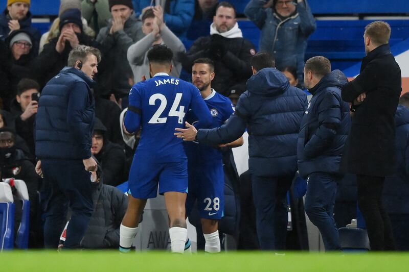 Reece James of Chelsea is replaced by teammate Cesar Azpilicueta after he was injured against Bournemouth. Getty 