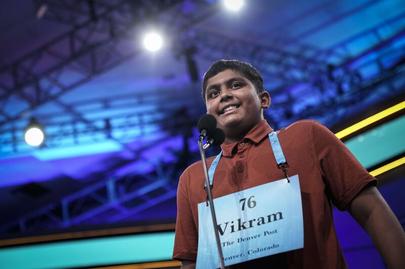 Vikram Raju from Denver, Colorado, reacts after spelling a word correctly. AFP