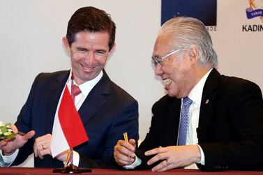 Australian Trade Minister Simon Birmingham, left, and Indonesian Trade Minister Enggartiasto Lukita attend a signing ceremony in Jakarta, Indonesia, Monday, March 4, 2019. AP Photo