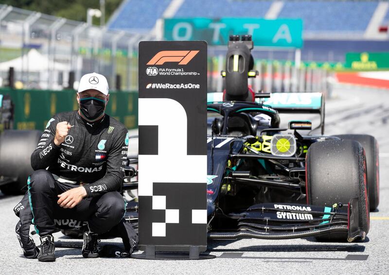 Mercedes' Valtteri Bottas after securing pole position for the Austrian Grand Prix at the Red Bull Ring in Spielberg on Saturday, July 4, 2020. AFP