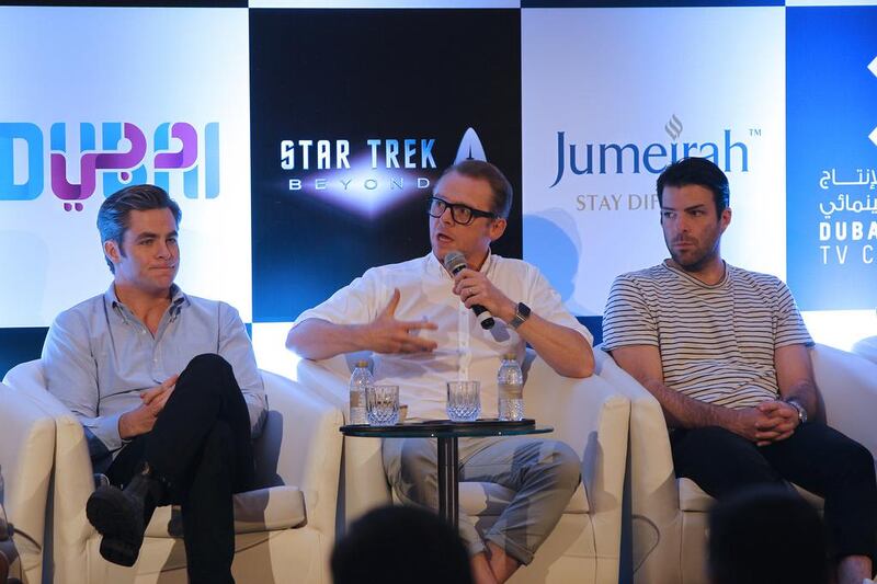 Chris Pine (actor), Simon Pegg (actor and screenwriter) and Zachary Quinto (actor) during the q and a for the Star Trek Beyond press conference, at Burj Al Arab. Jeffrey E Biteng / The National 