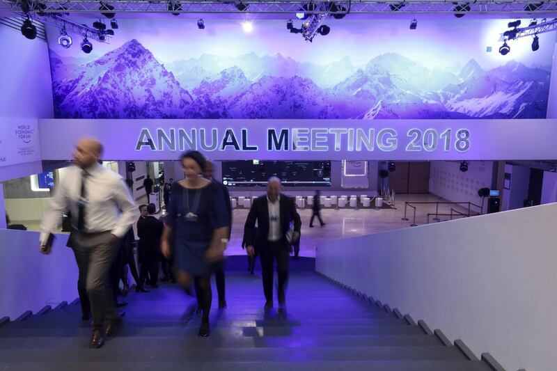 Forum staff walk through the Congress Centre during preparations ahead of the World Economic Forum (WEF) in Davos, Switzerland, on Monday. World leaders, influential executives, bankers and policy makers attend the 48th annual meeting of the World Economic Forum in Davos from January 23 to 26. Simon Dawson / Bloomberg