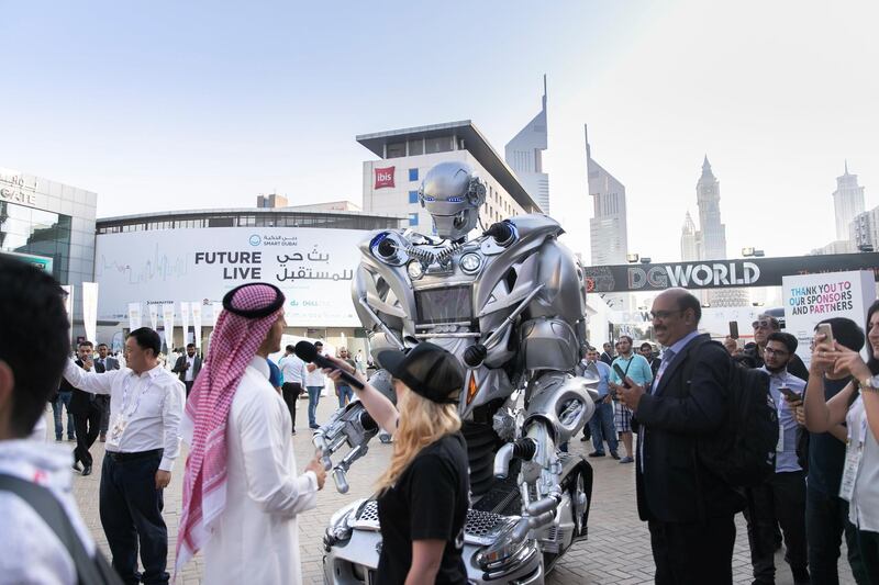 DUBAI, UNITED ARAB EMIRATES - OCTOBER 14, 2018. A robot interacts with the visitors at Gitex Technology Week at DWTC.(Photo by Reem Mohammed/The National)Reporter: Section:  NA