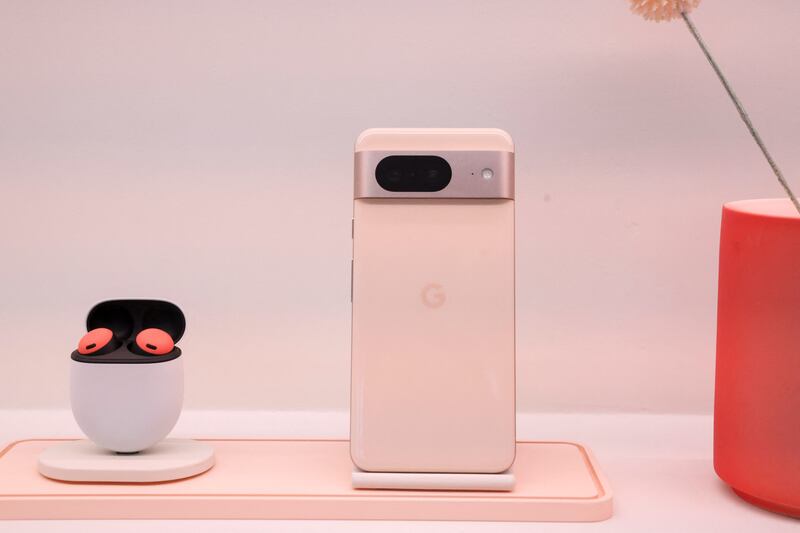 The new Pixel 8 Phone, displayed in New York City, will be made in India for the first time. Reuters