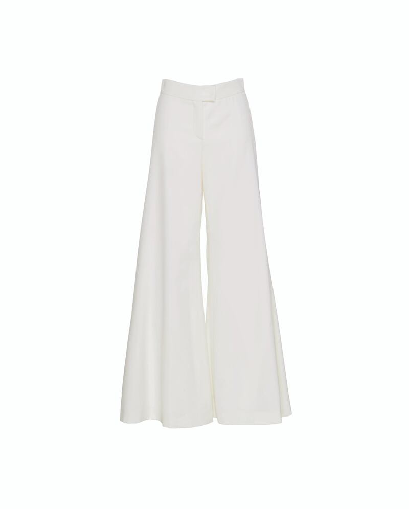 Wide-leg trousers in white wool satin, Dh4,300, Rubeus Milano