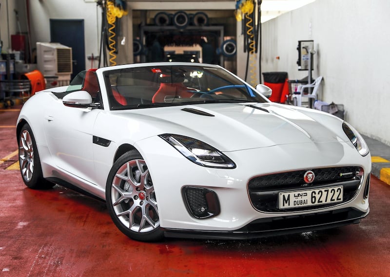 Abu Dhabi, U.A.E., August 8, 2018.  Brief: Exterior and interior of the Jaguar F-Type. Shot at the Al Mushriff Mall Volcano Foam Car Wash.
Victor Besa / The National
Section:  Motoring
Reporter:  Adam Workman