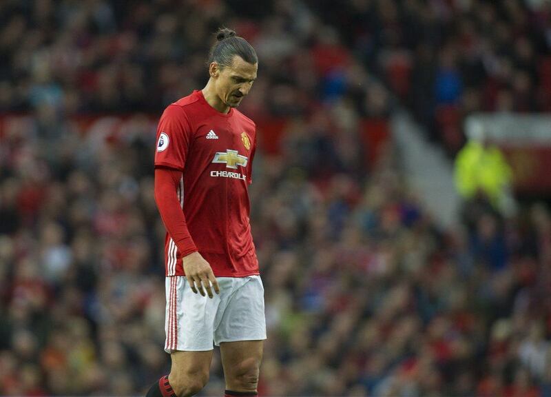 Manchester United's Zlatan Ibrahimovic reacts during the match against Burnley on Saturday. Peter Powell / EPA / October 29, 2016