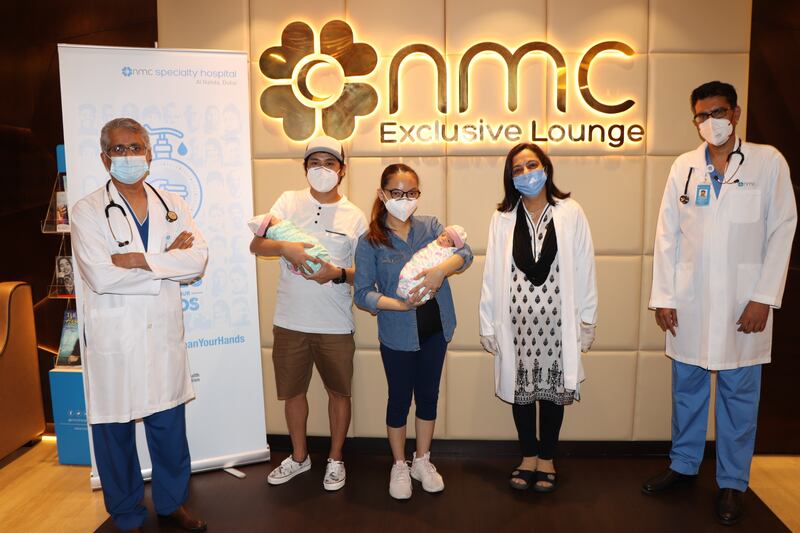Dr Rakesh Rakesh Sankar, Mariecen's husband Kenneth Zamora, Mariecen, Dr Praveena Saraf and Dr Karvendhan Ramasamy at NMC Specialty Hospital, Al Nahda, in Dubai after a recent check-up.