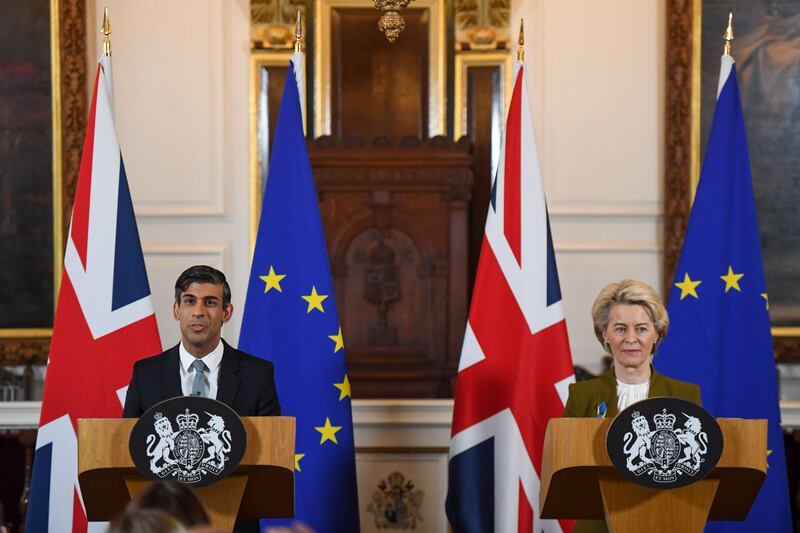 Britain's Prime Minister Rishi Sunak and Ursula von der Leyen, President of the European Commission, hold a joint news conference on a post-Brexit deal, in Windsor. Bloomberg