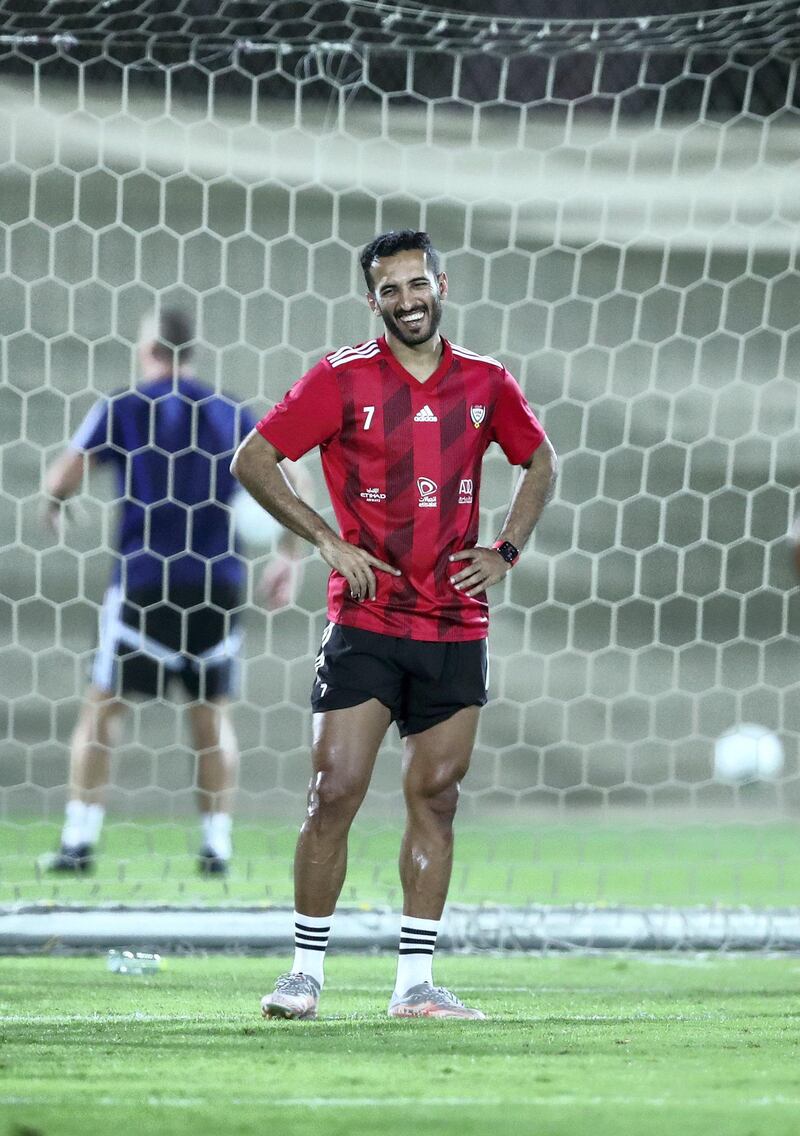 UAE's Ali Mabkhout during training before the game between the UAE and Thailand in the World cup qualifiers at the Zabeel Stadium, Dubai on June 6th, 2021. Chris Whiteoak / The National. 
Reporter: John McAuley for Sport