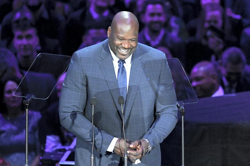 LOS ANGELES, CALIFORNIA - FEBRUARY 24: Shaquille O'Neal speaks during The Celebration of Life for Kobe & Gianna Bryant at Staples Center on February 24, 2020 in Los Angeles, California.   Kevork Djansezian/Getty Images/AFP