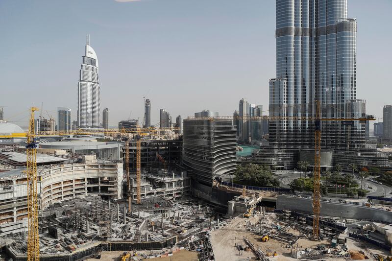 DUBAI, UNITED ARAB EMIRATES, 18 MAY, 2015. An elevated view of the construction underway on the new extension to Dubai Mall. IMAGE FOR STOCK (Photo: Antonie Robertson) Journalist: Stock. Section: National. *** Local Caption ***  AR_1705_Dubai_Mall_Stock-01.JPG