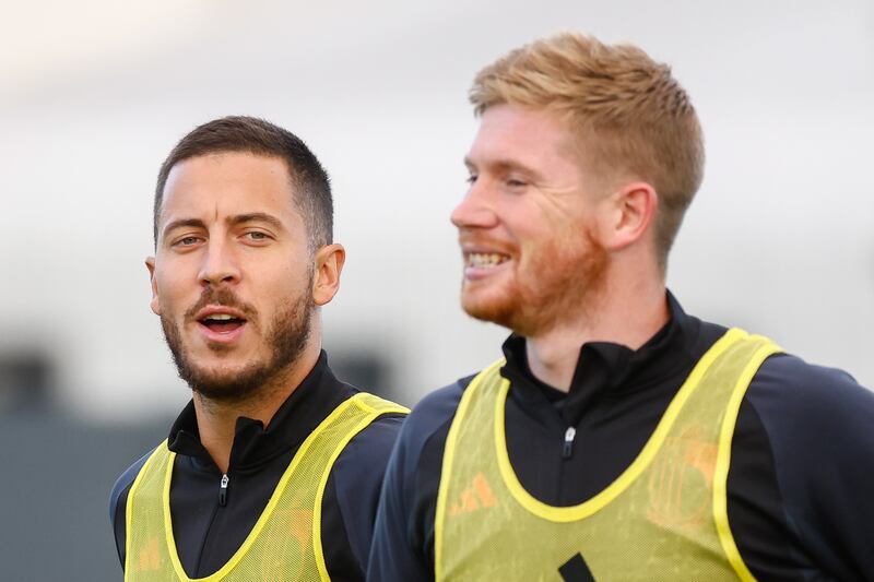 Belgian players Eden Hazard (L) and Kevin De Bruyne (R) attend their team's training session in Tubize, Belgium, 21 September 2022.  Belgium will face Wales in their UEFA Nations League soccer match on 22 September 2022 in Brussels, Belgium.   EPA / STEPHANIE LECOCQ