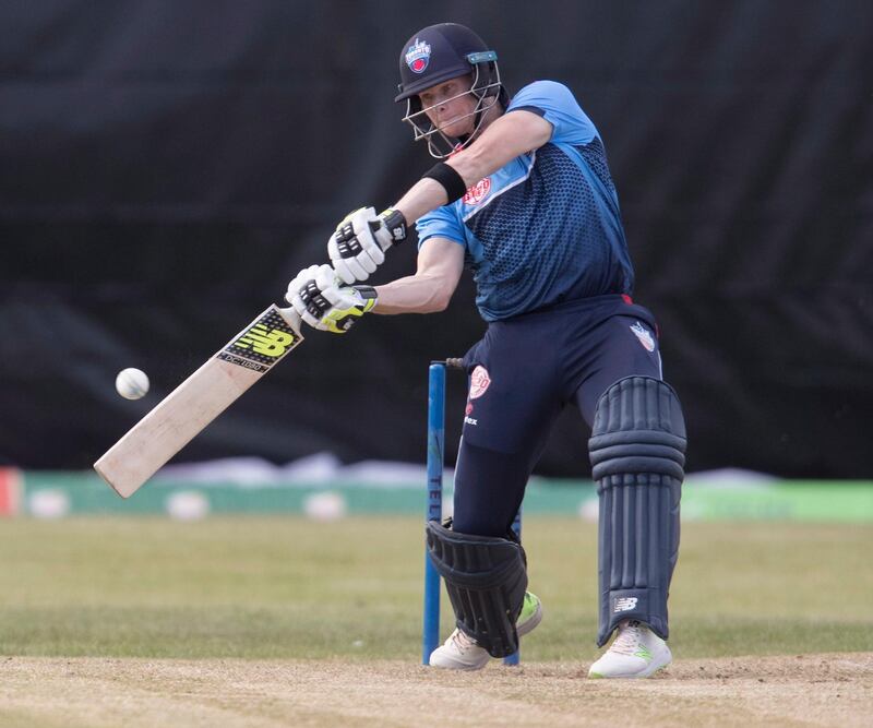 Toronto Nationals' Steve Smith bats in the second inning against the Vancouver Knights in a Global T20 Canada cricket match in King City, Ontario, Thursday, June 28, 2018. (Fred Thornhill/The Canadian Press via AP)