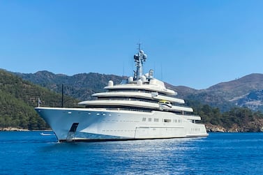 A view of Eclipse, a luxury yacht reported to belong to Russian businessman Roman Abramovich, anchored nearby Marmaris, Turkey, Friday, July 1, 2022.  (AP Photo / Suzan Fraser)