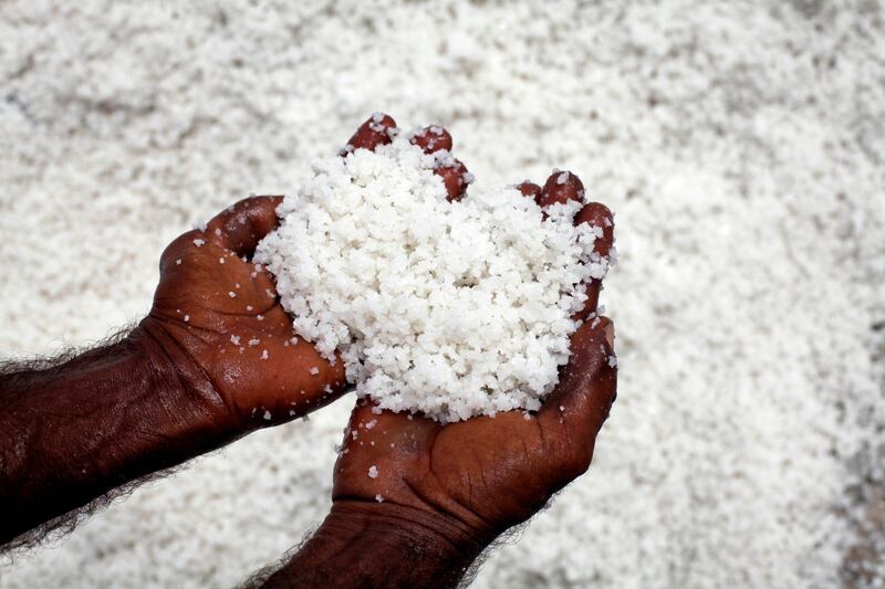 A man holds sea salt harvested from a salt field in Sandspit, about 18 km (11 miles) southwest of Karachi June 19, 2011. Sea salt is produced through solar evaporation of seawaters and is the smallest source of salt in Pakistan. Labourers earn about 600 Pakistan Rupees ($7) a day. The salts are sold commercially by contractors to different industries in Pakistan and overseas. REUTERS/Akhtar Soomro (PAKISTAN - Tags: ENVIRONMENT BUSINESS EMPLOYMENT SOCIETY) *** Local Caption ***  AAL106_PAKISTAN-_0619_11.JPG