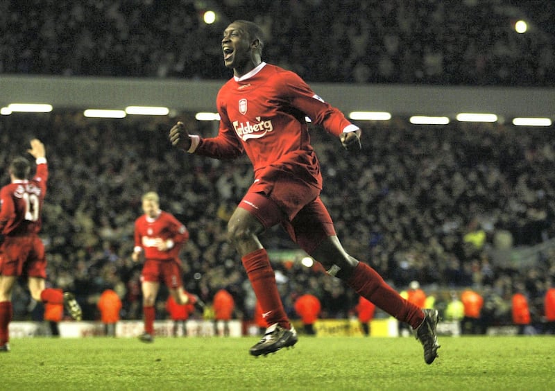 LIVERPOOL - JANUARY 29:  Emile Heskey of Liverpool celebrates after scoring the equalising goal during the Liverpool v Arsenal FA Barclaycard Premiership match at Anfield on January 29, 2003 in Liverpool, England. (Photo by Gary M. Prior/Getty Images)
