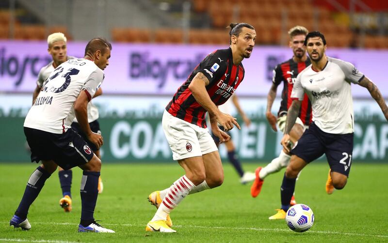 Zlatan Ibrahimovic on the ball during AC Milan's game against Bologna. Getty Images