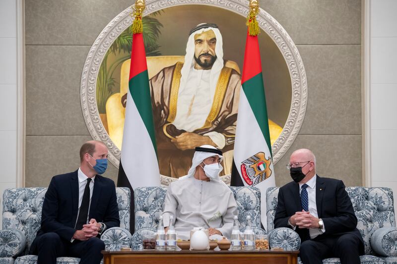 Prince William, Mr Hurley and the President, Sheikh Mohamed, at Mushrif Palace.