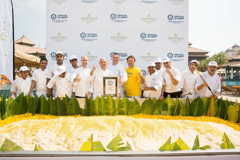 Largest serving of khao neeo mamuang dessert: Otherwise known as mango sticky rice, the dish was ­recreated at Anantara The Palm Resort Dubai on October 21, 2016, and weighed 2,831kg. Made from about 1,000kg of rice, 500 litres of coconut milk, 500 litres of coconut cream, 50kg of sugar, 300kg of mango and three litres of oil, it was boxed up and distributed to labour camps across the city.