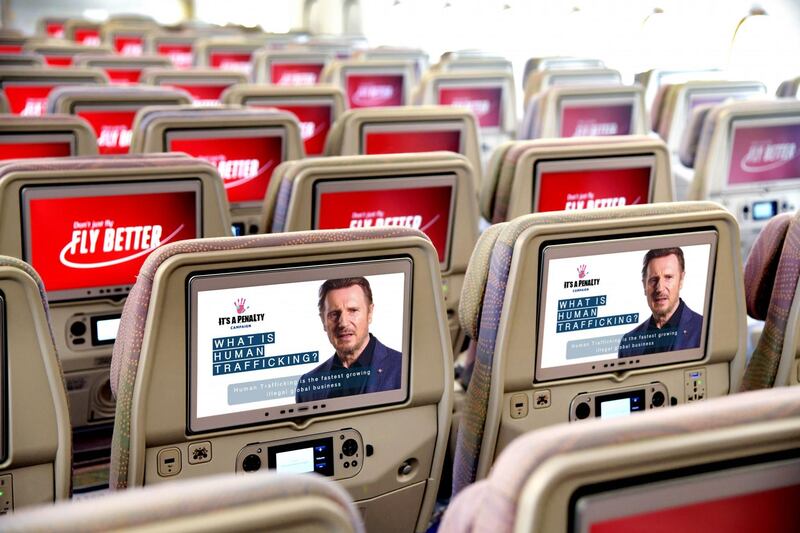 A short film starring Liam Neeson and highlighting the devastation caused by global human trafficking will be aired on all Emirates flights. Courtesy: Emirates