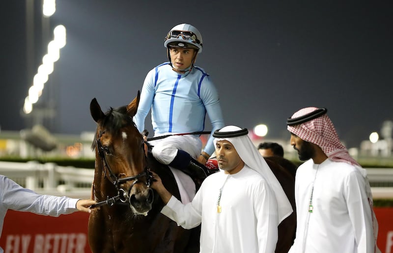DUBAI , UNITED ARAB EMIRATES , Mar 7 – 2020 :-  Mickael Barzalona (no 3) guides Matterhorn  (IRE)  to win the 6th horse race Al Maktoum Challenge (Round 3), 2000m Dirt during the Super Saturday meeting at the Meydan Racecourse in Dubai. Super Saturday is the dress rehearsal for the Dubai World Cup. ( Pawan Singh / The National ) For Sports. Story by Amith
