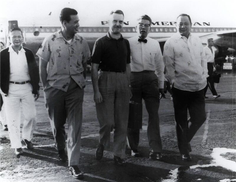 Photographed at Manila International Airport in December 1960 are, from left: Dario Arellano, Manny Manahan, Edward Lansdale, Johnny Orendain and Oscar Arellano. Photo: Muir S. Fairchild Research Information Centre, Maxwell Air Force Base