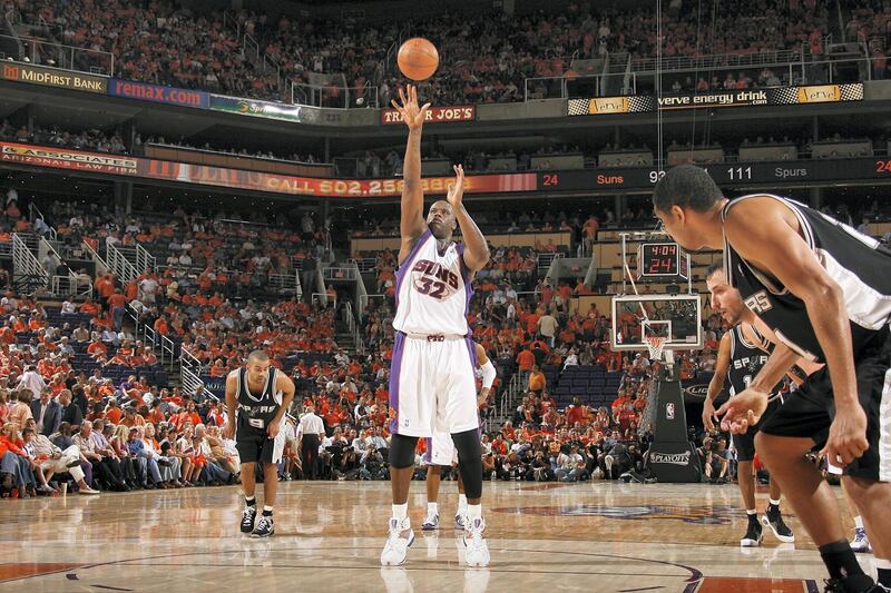 PHOENIX - APRIL 25:  Shaquille O'Neal #32 of the Phoenix Suns shoots a free throw in Game Three of the Western Conference Quarterfinals against the San Antonio Spurs during the 2008 NBA Playoffs on April 25, 2008 at the U.S. Airways Center in Phoenix, Arizona. The Spurs won 115-99. NOTE TO USER: User expressly acknowledges and agrees that, by downloading and or using this photograph, User is consenting to the terms and conditions of the Getty Images License Agreement. Mandatory Copyright Notice: Copyright 2008 NBAE (Photo by Nathaniel S. Butler/NBAE via Getty Images)