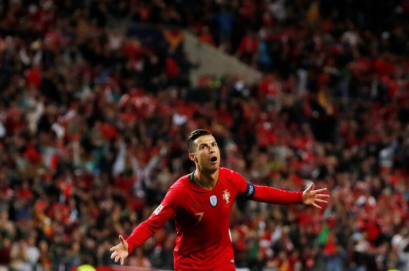 Ronaldo celebrates his hat-trick goal. Reuters