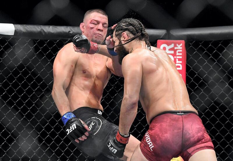 NEW YORK, NEW YORK - NOVEMBER 02: Nate Diaz of the United States (L) fights against Jorge Masvidal of the United States in the Welterweight "BMF" championship bout during UFC 244 at Madison Square Garden on November 02, 2019 in New York City. (Photo by Steven Ryan/Getty Images)