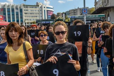 Women hold signs with different numbers symbolizing the women murders during a protest against gender violence in Istanbul, Turkey. AFP 