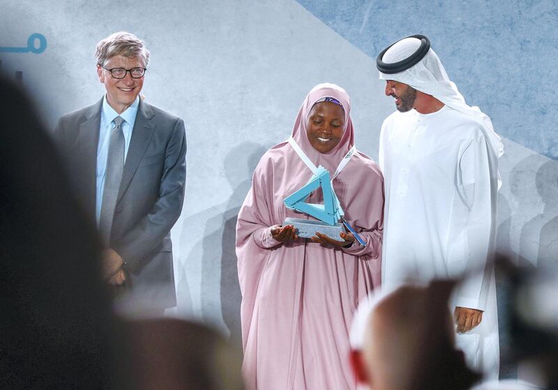 Abu Dhabi, United Arab Emirates, November 19 , 2019.  
Reaching the Last Mile Forum.
--Bill Gates and H.E. Sheikh Mohamed bin Zayed, Crown Prince of Abu Dhabi and Deputy Supreme Commander of the UAE Armed Forces with awards winner Rahane Lawal.
Victor Besa / The National
Section:  NA
Reporter:  Dan Sanderson