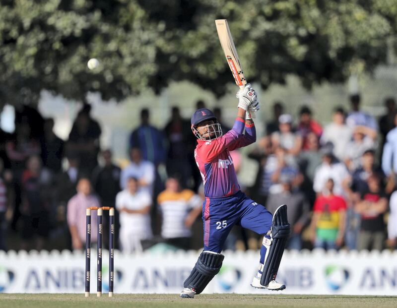 Dubai, United Arab Emirates - January 31, 2019: Nepal's Sandeep Lamichhane bats in the the match between the UAE and Nepal in an international T20 series. Thursday, January 31st, 2019 at ICC, Dubai. Chris Whiteoak/The National