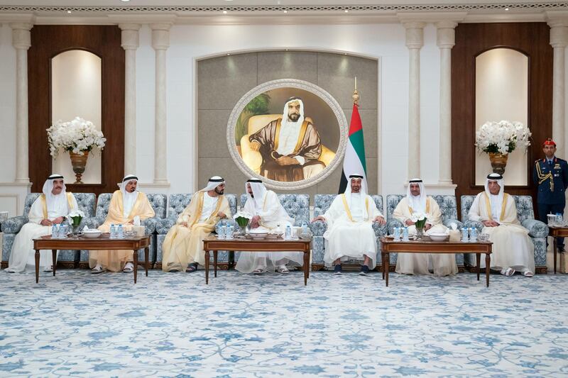 ABU DHABI, UNITED ARAB EMIRATES - June 04, 2019: (L-R) HH Sheikh Saud bin Rashid Al Mu'alla, UAE Supreme Council Member and Ruler of Umm Al Quwain, HH Sheikh Humaid bin Rashid Al Nuaimi, UAE Supreme Council Member and Ruler of Ajman, HH Sheikh Mohamed bin Rashid Al Maktoum, Vice-President, Prime Minister of the UAE, Ruler of Dubai and Minister of Defence, HH Dr Sheikh Sultan bin Mohamed Al Qasimi, UAE Supreme Council Member and Ruler of Sharjah, HH Sheikh Mohamed bin Zayed Al Nahyan, Crown Prince of Abu Dhabi and Deputy Supreme Commander of the UAE Armed Forces, HH Sheikh Hamad bin Mohamed Al Sharqi, UAE Supreme Council Member and Ruler of Fujairah and HH Sheikh Saud bin Saqr Al Qasimi, UAE Supreme Council Member and Ruler of Ras Al Khaimah, attend an Eid Al Fitr reception, at Mushrif Palace.

( Hamad Al Kaabi  / Ministry of Presidential Affairs )
---