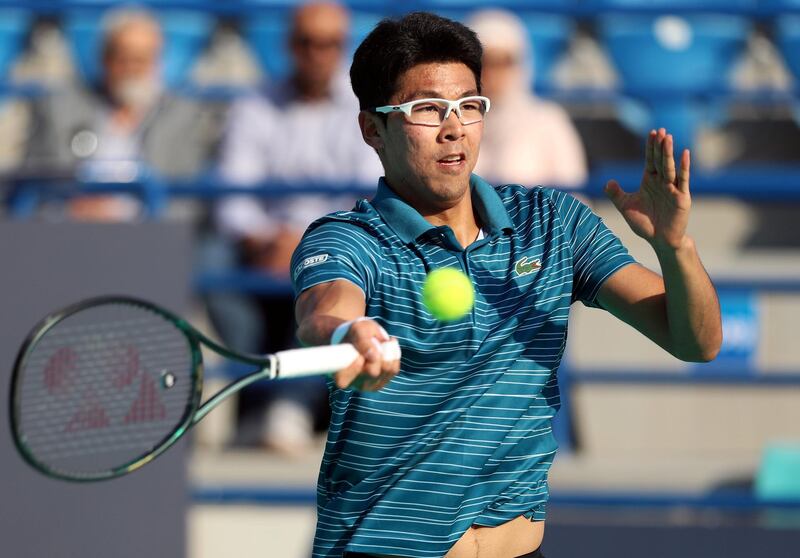 Abu Dhabi, United Arab Emirates - Reporter: Jon Turner: Hyeon Chung hits a shot during the fifth place play-off between Andrey Rublev v Hyeon Chung at the Mubadala World Tennis Championship. Friday, December 20th, 2019. Zayed Sports City, Abu Dhabi. Chris Whiteoak / The National