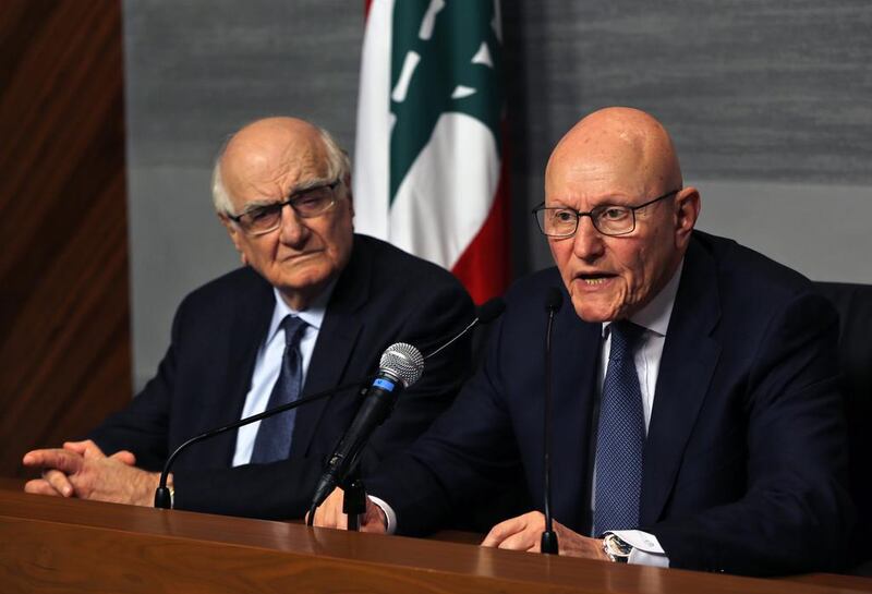 Lebanese prime minister Tammam Salam, right, speaks during a press conference in Beirut on February 22, 2016. Bilal Hussein/AP Photo