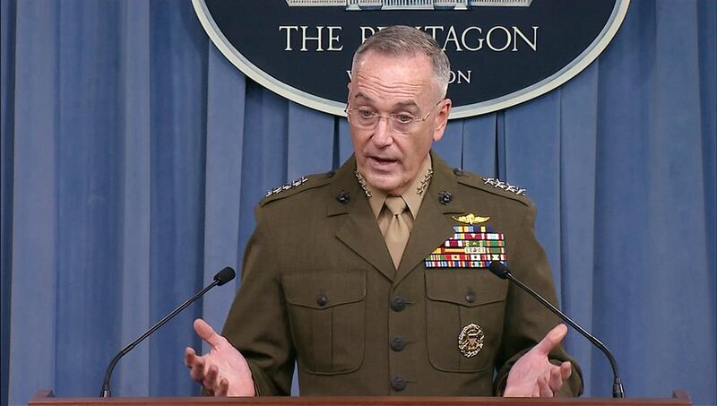 U.S. Joint Chiefs of Staff Chairman General Joseph Dunford is seen in a frame grab from U.S. Department of Defense video as he speaks to the media about the deaths of four U.S. Army special operations forces soldiers in Niger during a news conference about the attack at the Pentagon in Washington, U.S. October 23, 2017.    U.S. Department of Defense/Handout via REUTERS